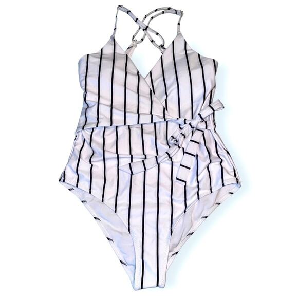 Striped White & Blue Surplice Neck One Piece Swimsuit size Medium NEW - Picture 1 of 10